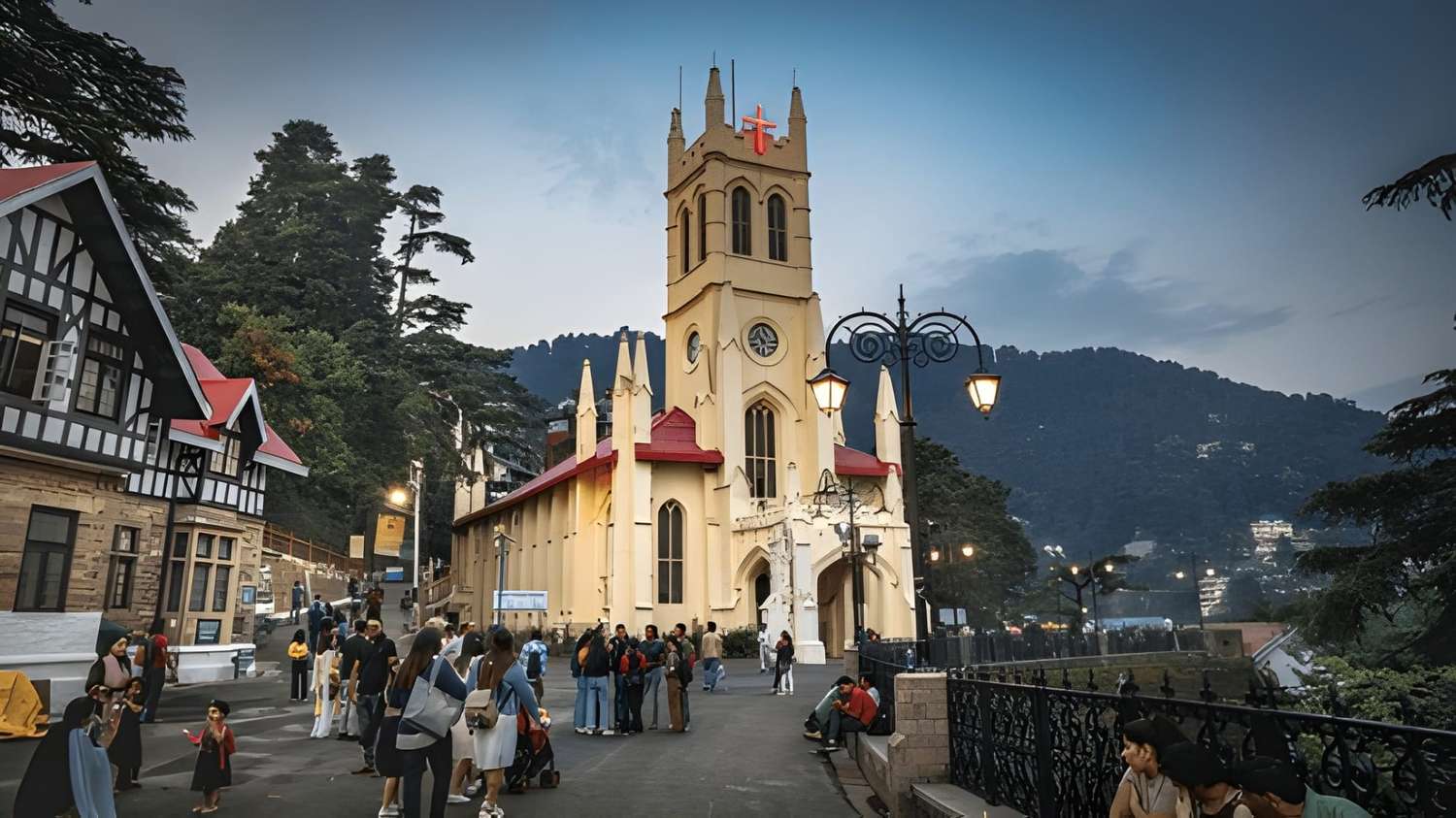 Shimla Mall Road with colonial buildings and tourists walking